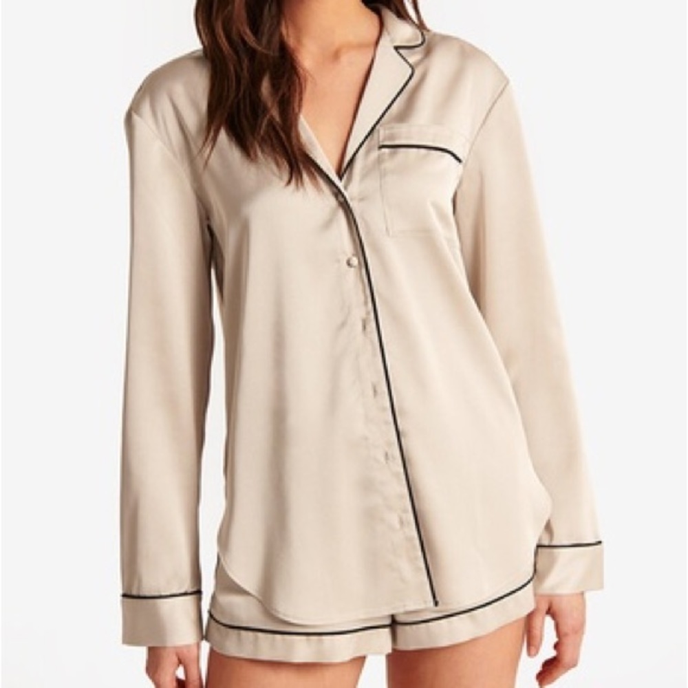 Abercrombie & Fitch Satin Long-Sleeve Sleep Shirt, Cream, XS